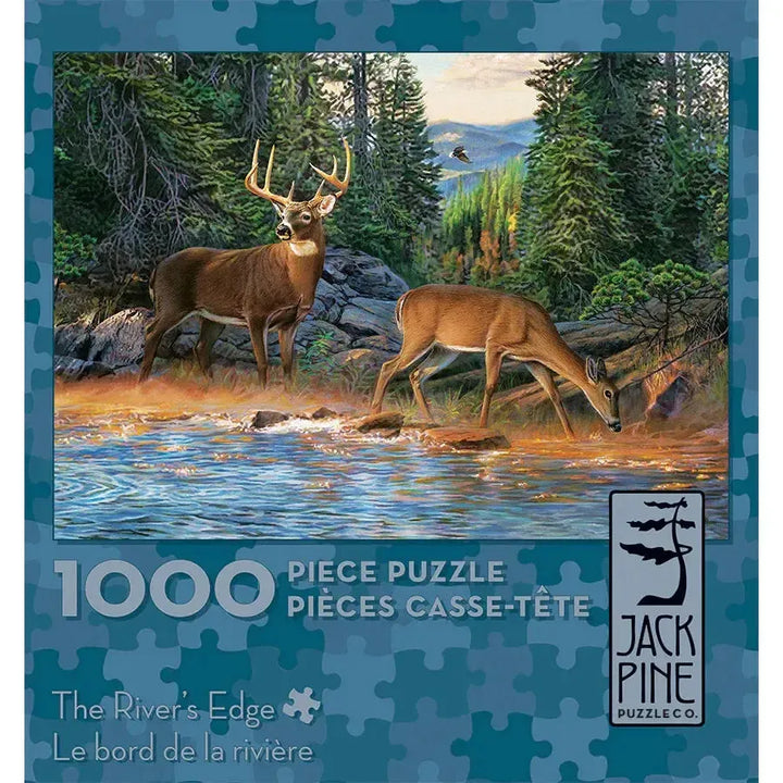 Jack Pine The River's Edge 1000 Piece Jigsaw Puzzle featuring deer beside a forest river