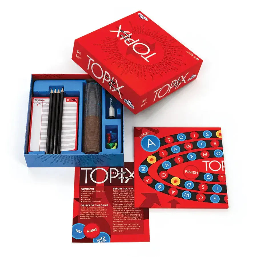 Topix game box opened showing included board game components