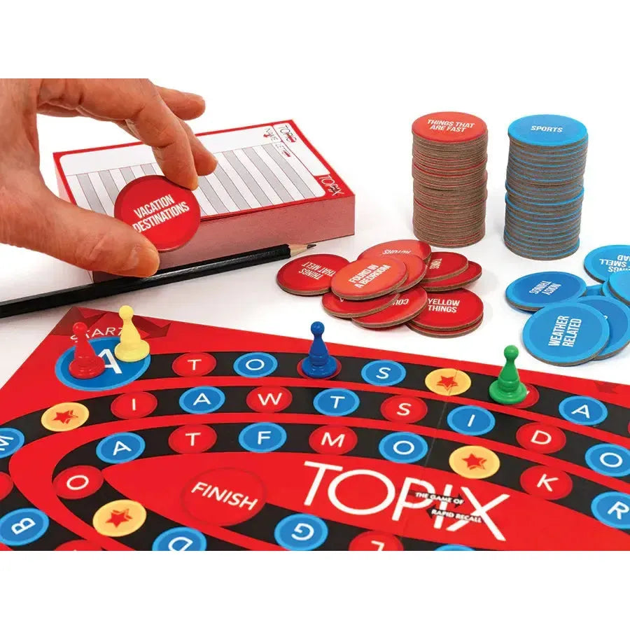 Topix rapid recall board game being played with topic cards and pawns