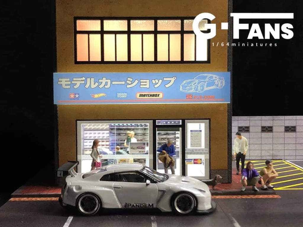 Tokyo Model Car Shop with LED Lighting - 1:64 Scale Diorama by G-Fans Front View