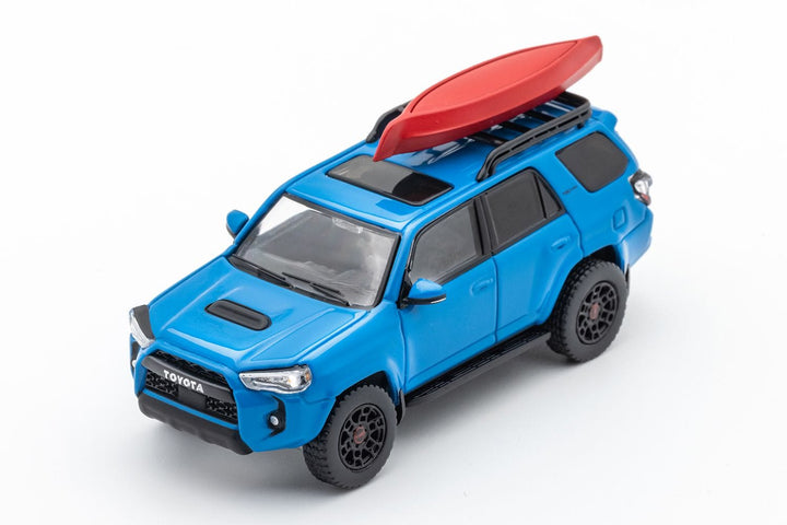 Toyota 4 Runner SUV 4x4 Off Road with Dinghy in Blue 1:64 Diecast by GCD Front View