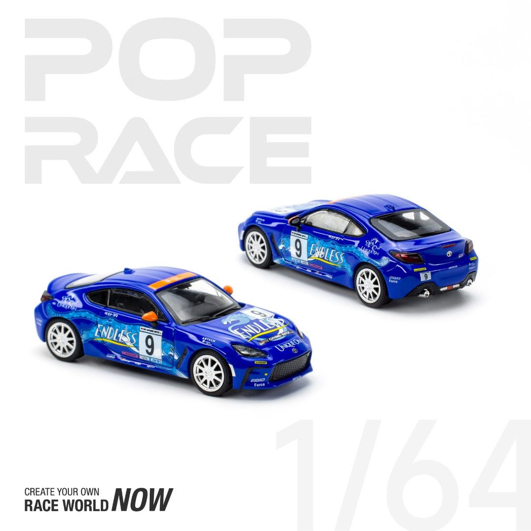 Toyota GR86 ENDLESS Dark Blue #9 1:64 Scale Diecast Car by Pop Race PR640025 Front and Rear Views