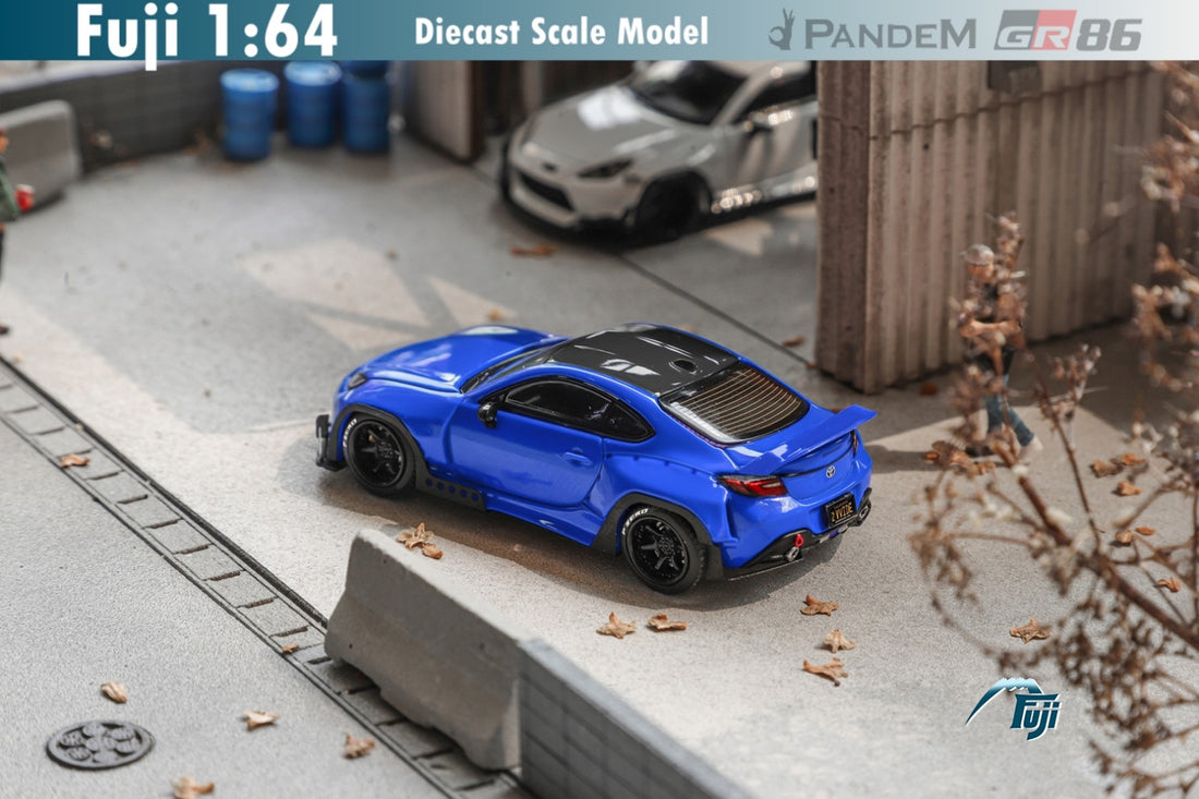 Toyota Pandem GR86 Rocket Bunny 1:64 Scale Diecast Model by Fuji Scenic Rear View in Blue