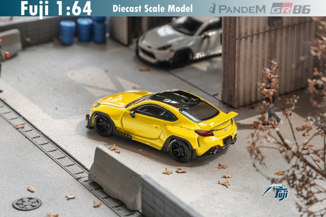Toyota Pandem GR86 Rocket Bunny 1:64 Scale Diecast Model by Fuji Scenic Rear View in Yelllow