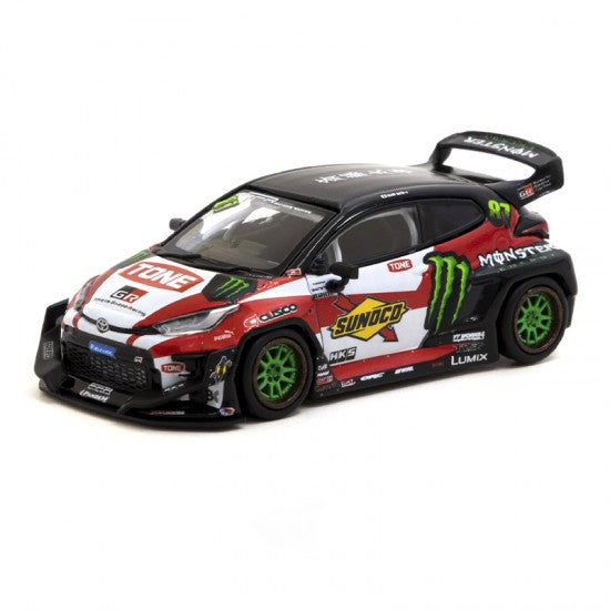 Toyota "Pandem" Yaris GR Monster Drift 1:64 Scale Diecast Model by Tarmac Works Front and Side View