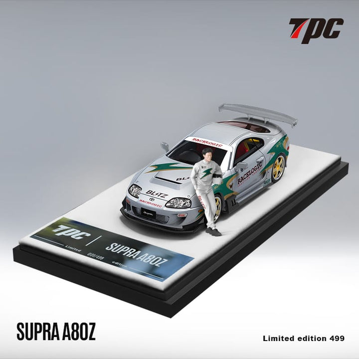 Toyota Supra A80Z with Figurine 1:64 Scale Diecast Model by TPC Display Stand View with Figurine