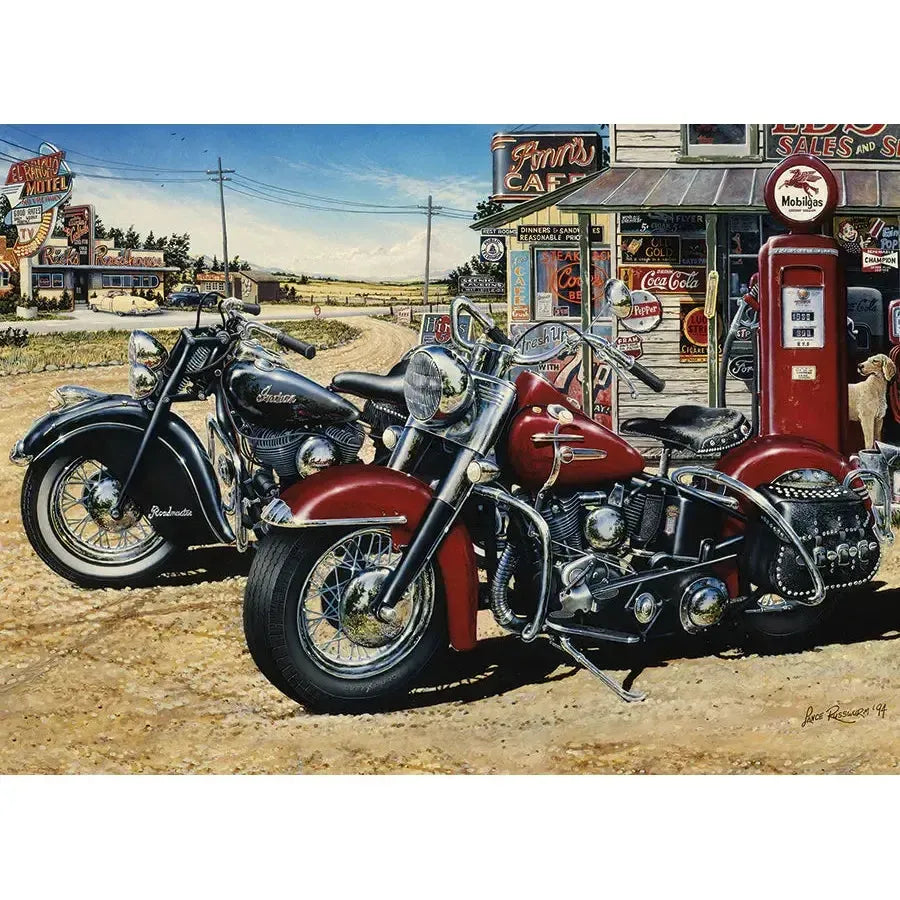 Jack Pine Two for the Road 1000 Piece Jigsaw Puzzle featuring classic motorcycles at a vintage roadside gas station - image