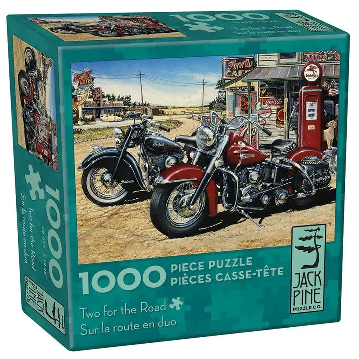 Jack Pine Two for the Road 1000 Piece Jigsaw Puzzle featuring classic motorcycles at a vintage roadside gas station