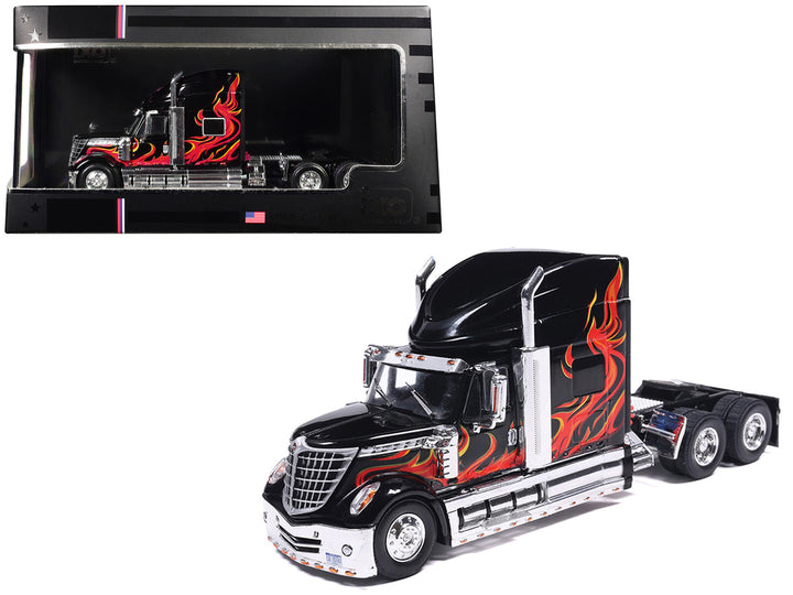 International 2010 Lonestar Truck Tractor Black with Flame Graphics 1/64 Diecast Model by IXO Models