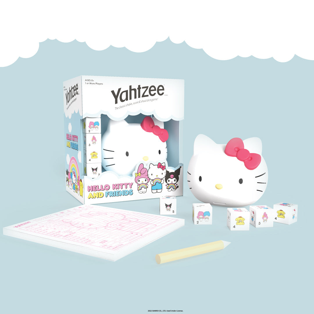 Hello Kitty YAHTZEE dice cup game components and packaging