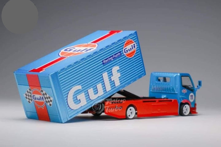 Isuzu HINO 300 Hook Lift Container Transport Truck in Gulf Livery 1:64 by MicroTurbo Unloading 