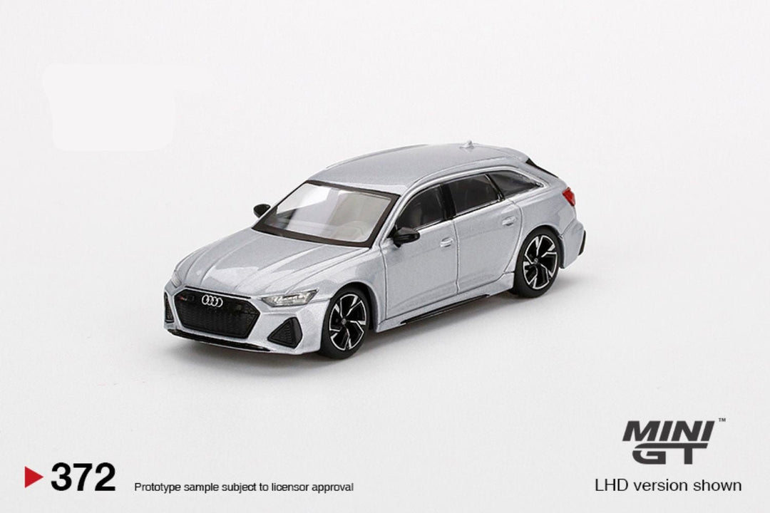 Audi RS 6 Avant Carbon Black Edition Florett Silver Limited Edition 1:64 by Mini-GT Front Driver Angled View