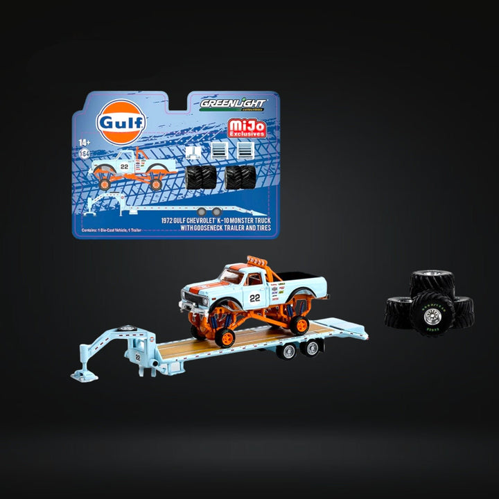 Chevrolet 1972 K-10 Monster Truck With Gooseneck Trailer & Tires Gulf Racing 1:64 by Greenlight