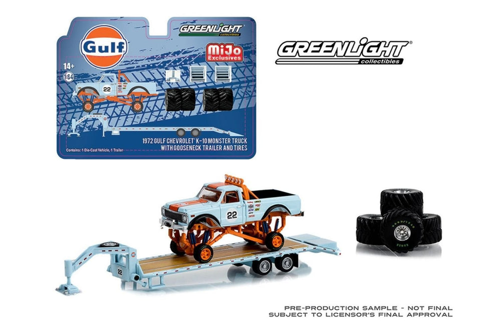 Chevrolet 1972 K-10 Monster Truck With Gooseneck Trailer & Tires Gulf Racing 1:64 by Greenlight Close Up View