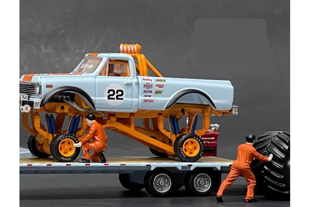 Chevrolet 1972 K-10 Monster Truck With Gooseneck Trailer & Tires Gulf Racing 1:64 by Greenlight Side View