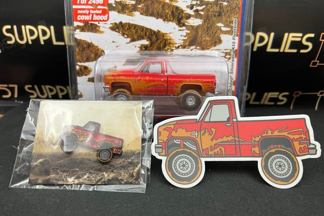 Chevrolet 1983 Silverado K10 4x4 Muddy LIFTED Squarebody 1:64 With Pin & Sticker V2 Package View