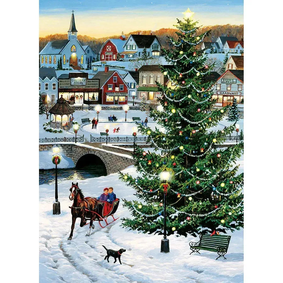 Jack Pine Village Tree 1000 Piece Jigsaw Puzzle featuring a Christmas tree in a snowy winter village image