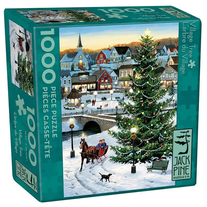 Jack Pine Village Tree 1000 Piece Jigsaw Puzzle featuring a Christmas tree in a snowy winter village