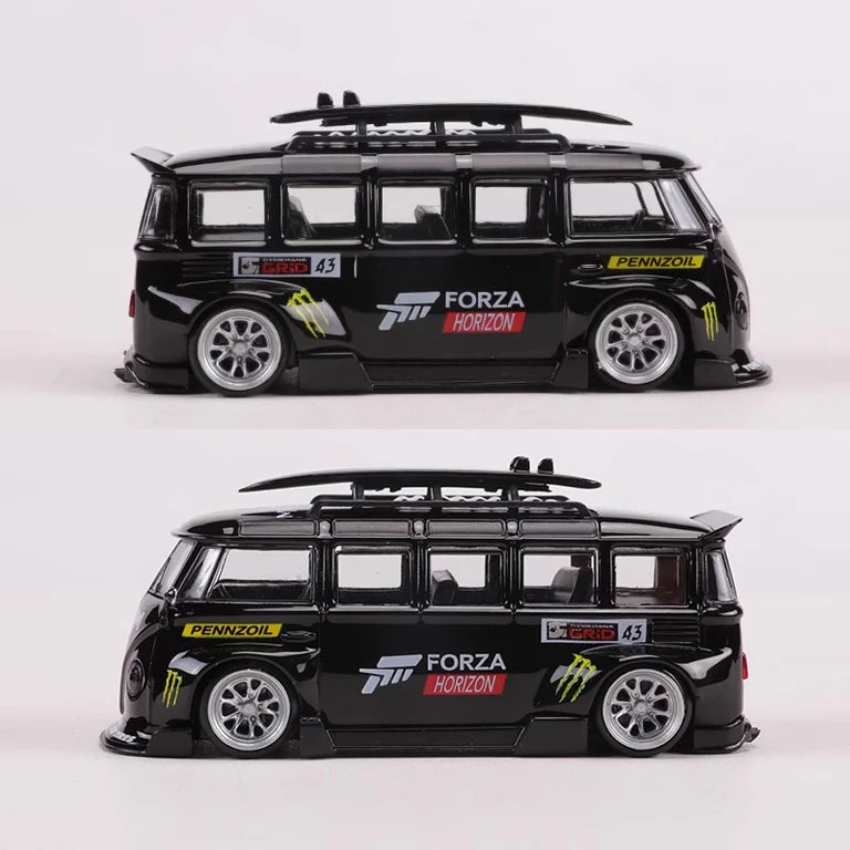 Volkswagen T1 Kombi WideBody with Surfboard in Forza Monster Livery 1:64 Scale Diecast Model by LF Model Two Side Views
