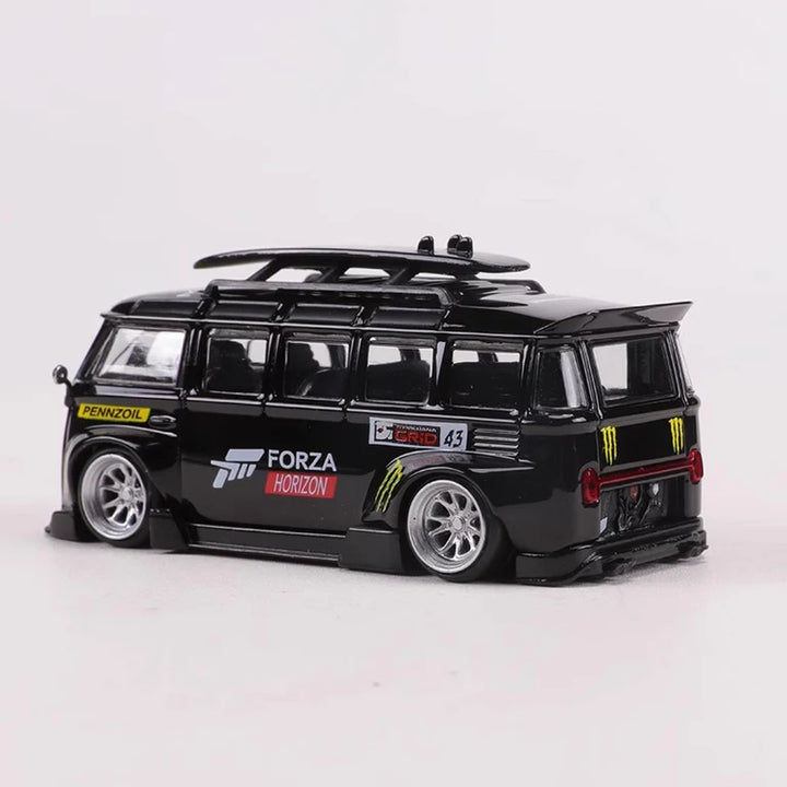 Volkswagen T1 Kombi WideBody with Surfboard in Forza Monster Livery 1:64 Scale Diecast Model by LF Model Side and Rear View