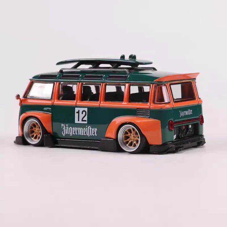Volkswagen T1 Kombi WideBody with Surfboard in Jagermeister #12 Livery 1:64 Scale Diecast Model by LF Model Side View