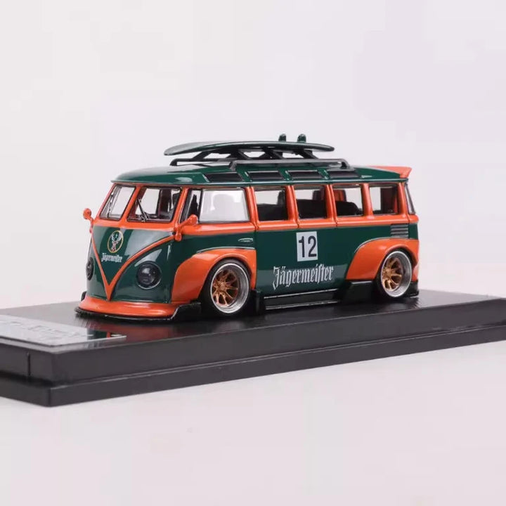 Volkswagen T1 Kombi WideBody with Surfboard in Jagermeister #12 Livery 1:64 Scale Diecast Model by LF Model