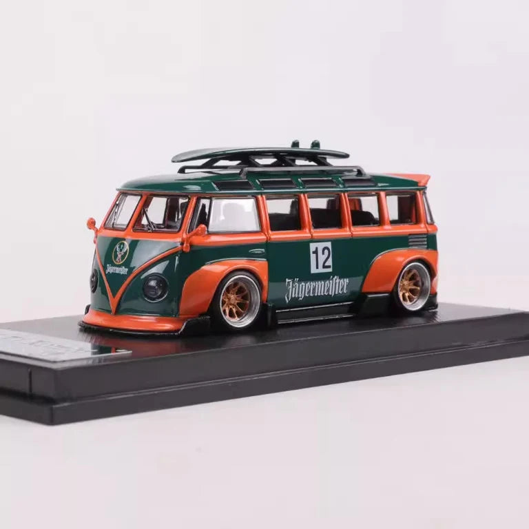 Volkswagen T1 Kombi WideBody with Surfboard in Jagermeister #12 Livery 1:64 Scale Diecast Model by LF Model Display Stand Side View