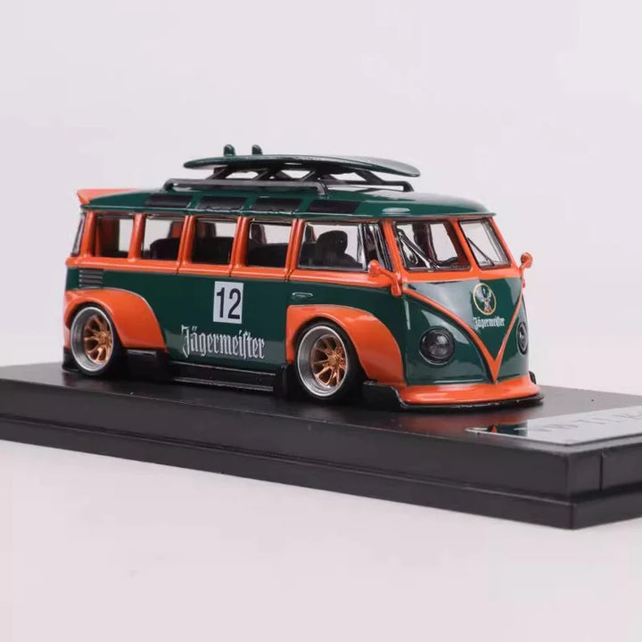 Volkswagen T1 Kombi WideBody with Surfboard in Jagermeister #12 Livery 1:64 Scale Diecast Model by LF ModelDisplay Stand Front View