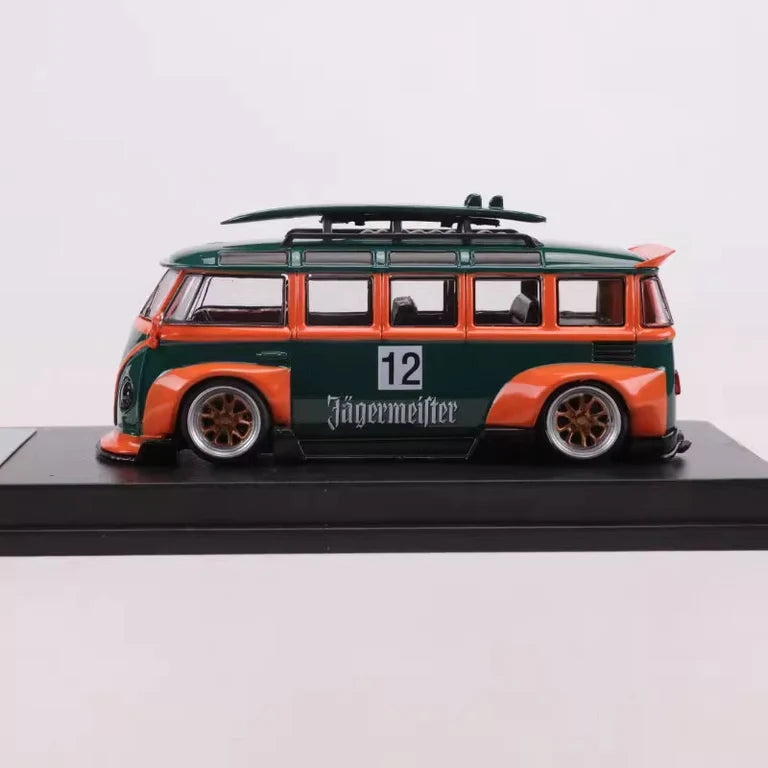 Volkswagen T1 Kombi WideBody with Surfboard in Jagermeister #12 Livery 1:64 Scale Diecast Model by LF Model Display Stand View with Surfboard