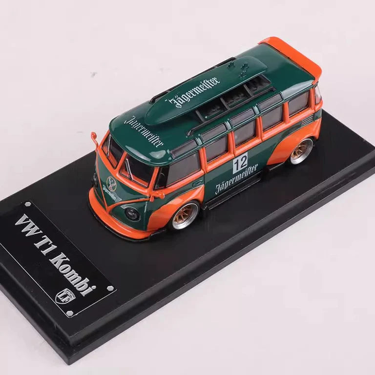 Volkswagen T1 Kombi WideBody with Surfboard in Jagermeister #12 Livery 1:64 Scale Diecast Model by LF Model Display Stand Top View