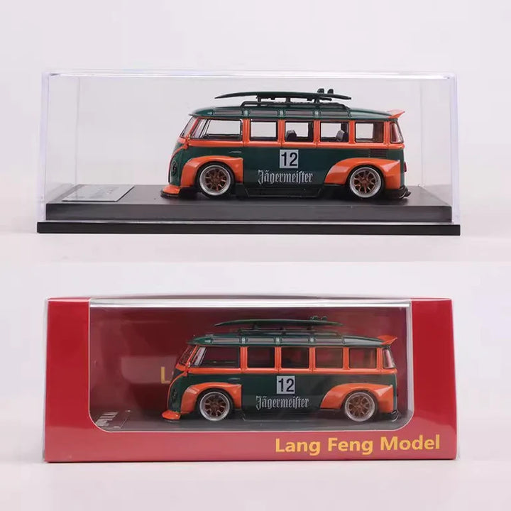 Volkswagen T1 Kombi WideBody with Surfboard in Jagermeister #12 Livery 1:64 Scale Diecast Model by LF Model Packaging View