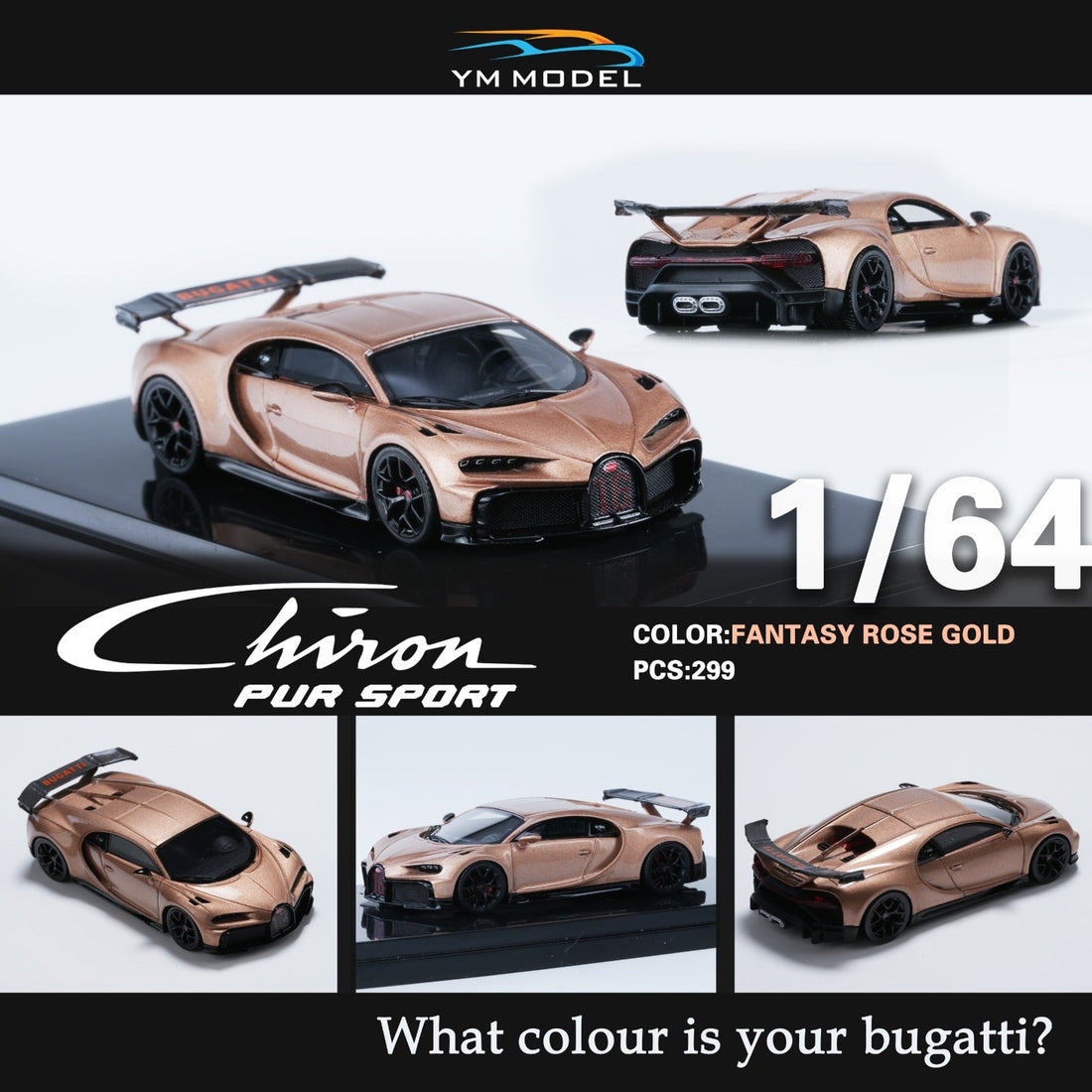 Bugatti Chiron PUR SPORT in Fantasy Rose Gold Limited to 299 Pcs 1:64 by YM Model Multi View