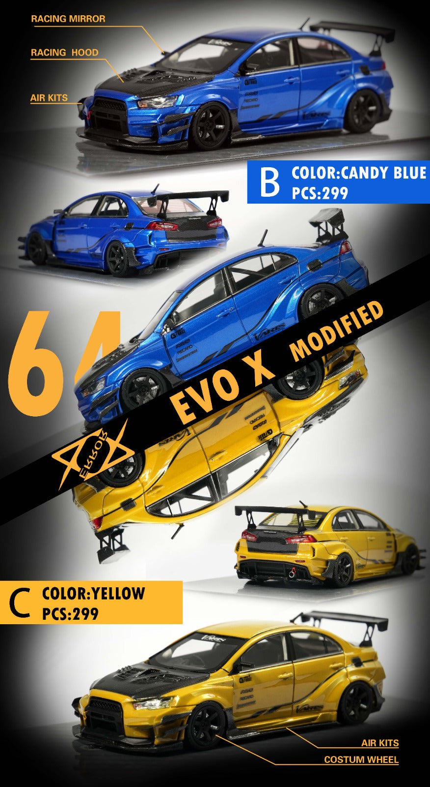 Mitsubishi Evolution X Varis Widebody in Candy Blue OR Yellow 1:64 by Error 404