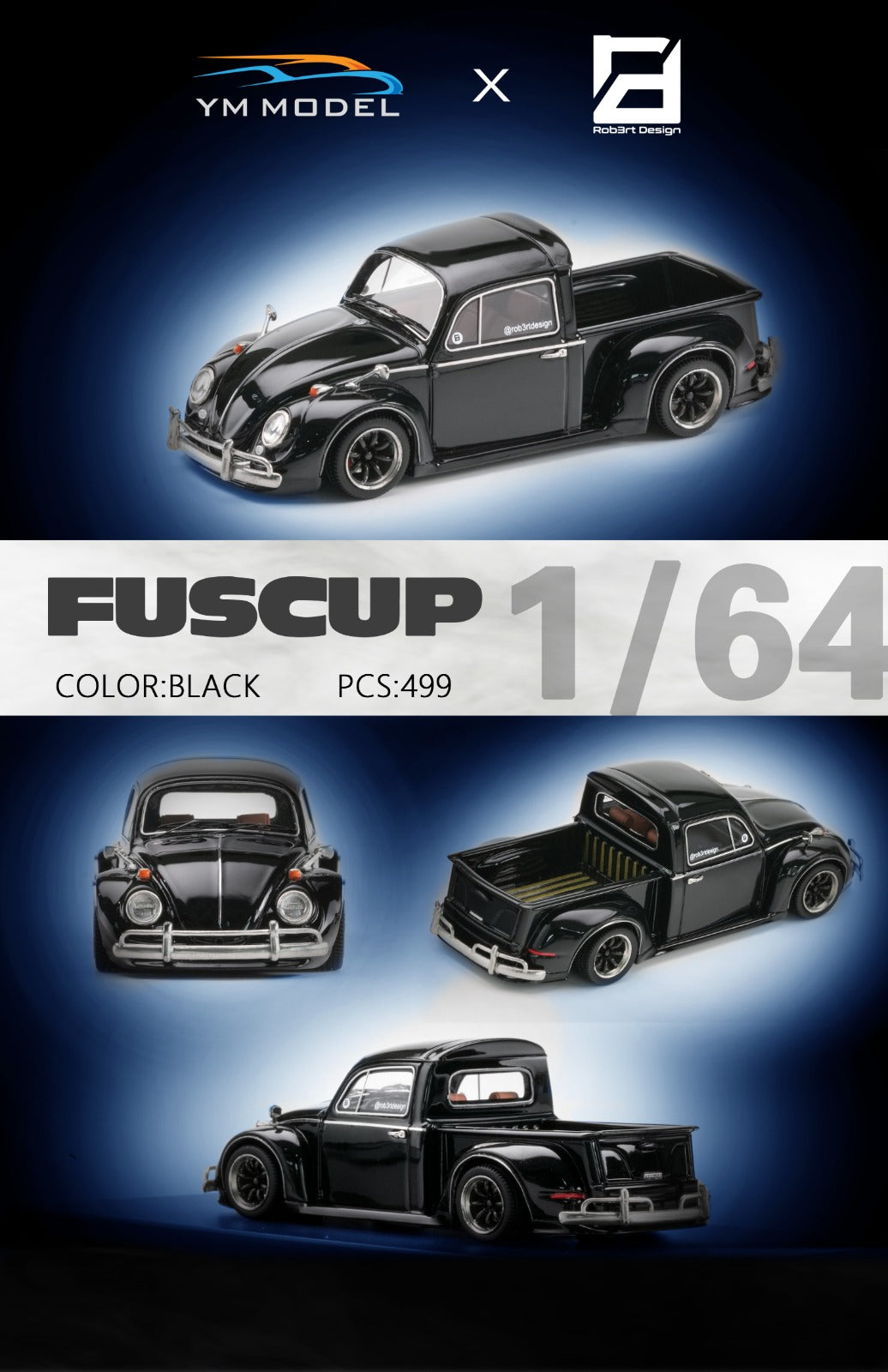 Volkswagen Beetle Pickup Truck FUSCUP in Black 1:64 by YM Model X Robert Design Rear View