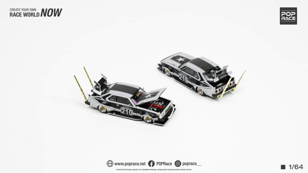 Nissan Skyline C210 BOSOZOKU Style Matt Black 1:64 PR6400073 by Pop Race Front and Back