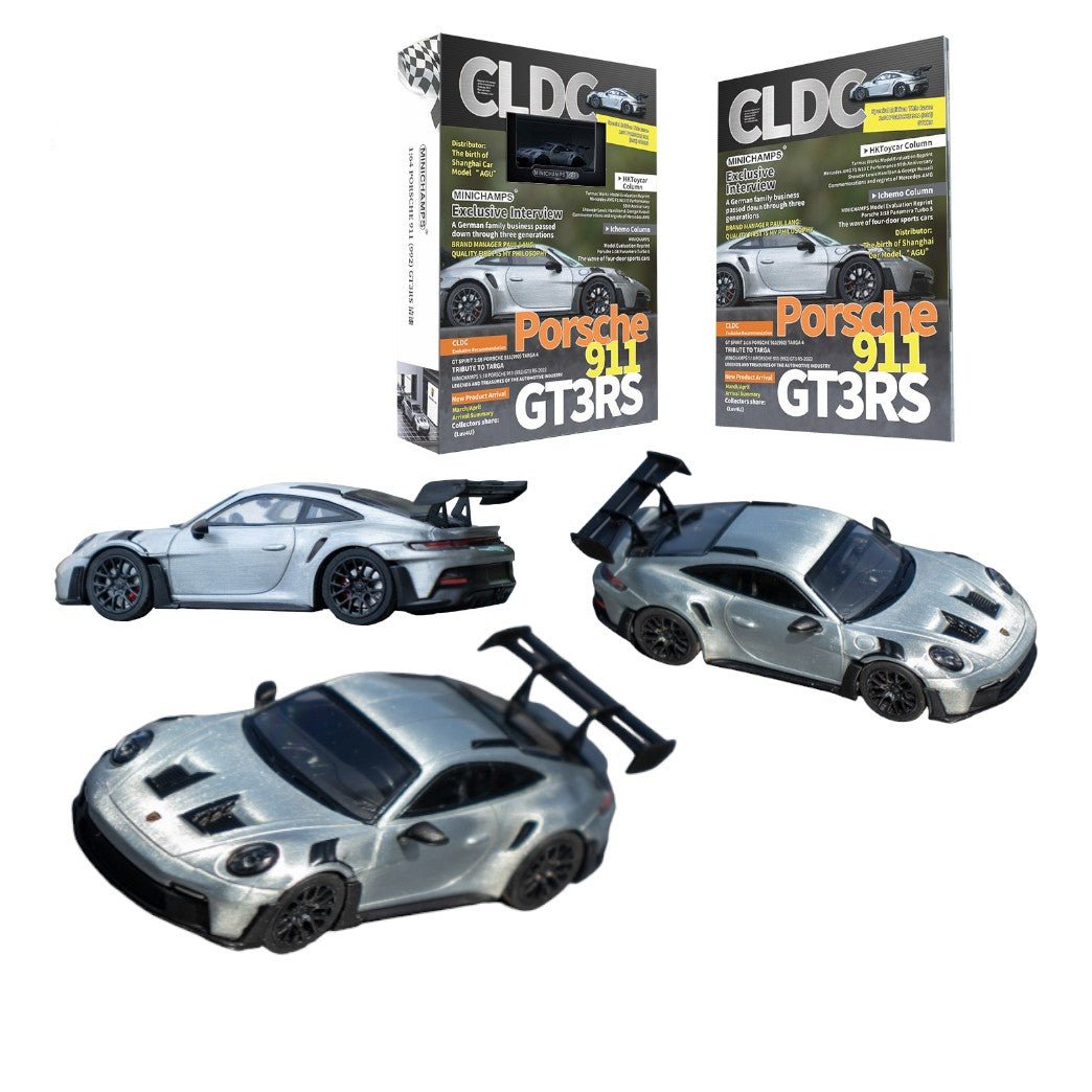 Porsche 911 GT3 RS in Raw Silver English Magazine Version 1:64 by Minichamps (MAGAZINE INCLUDED)