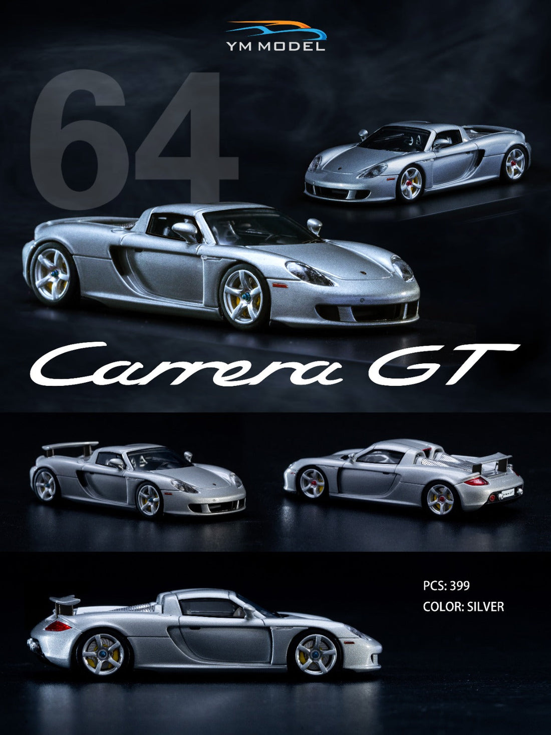 Porsche Carrera GT in Classic GT Silver Resin Model Limited to 399 Pcs 1:64 by YM Model 2