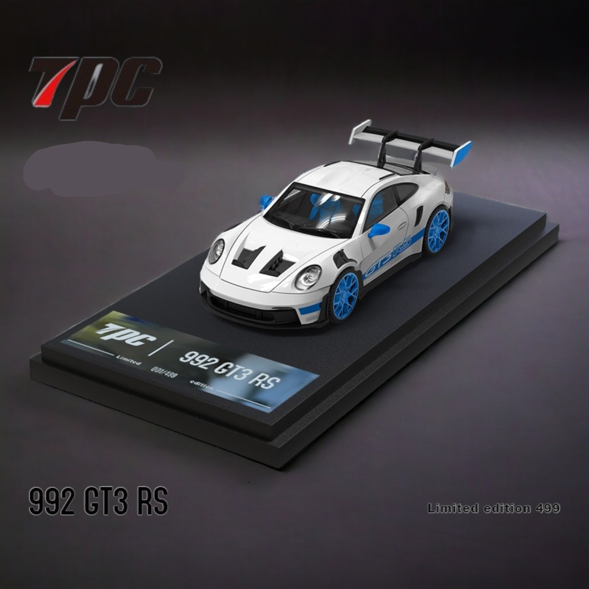 Porsche 911 992 GT3 RS White with Blue Wheels & Figurine 1