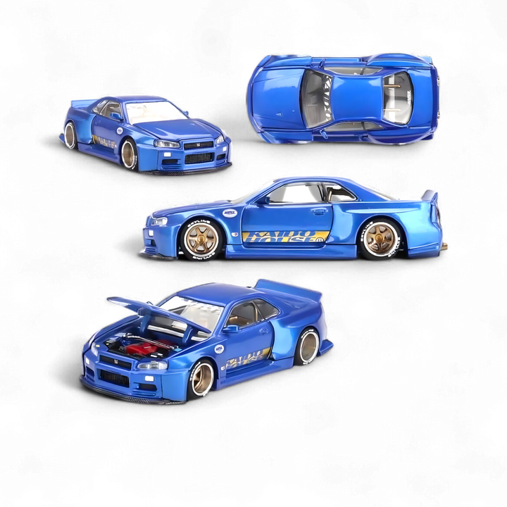 Nissan Skyline GT-R R34 V2 SHINJUKU BLUE 1:64 by Mini GT x Kaido House 