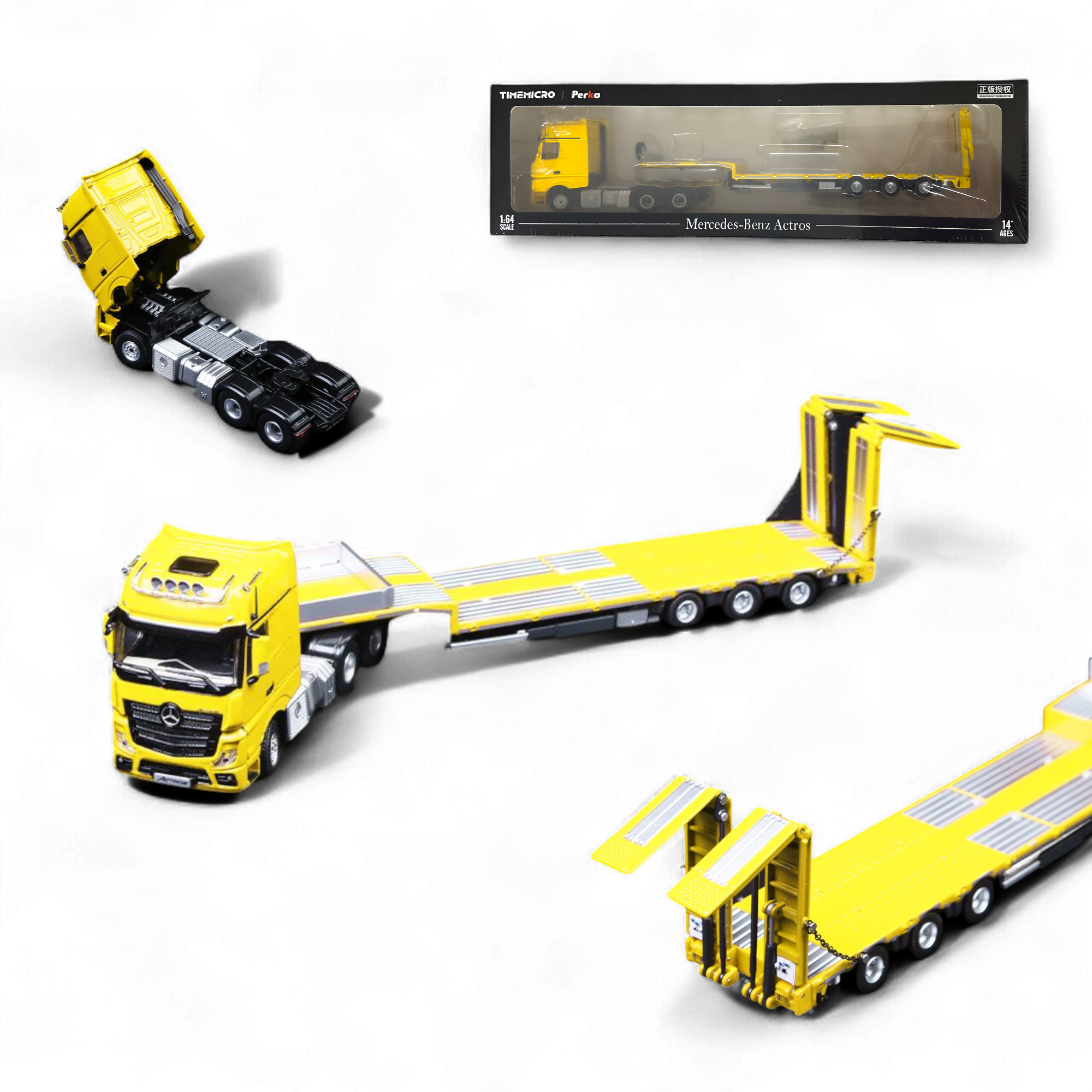 BENZ FLATBED TRANSPORT VEHICLE - Yellow 1/64 by TimeMicro & Perka  