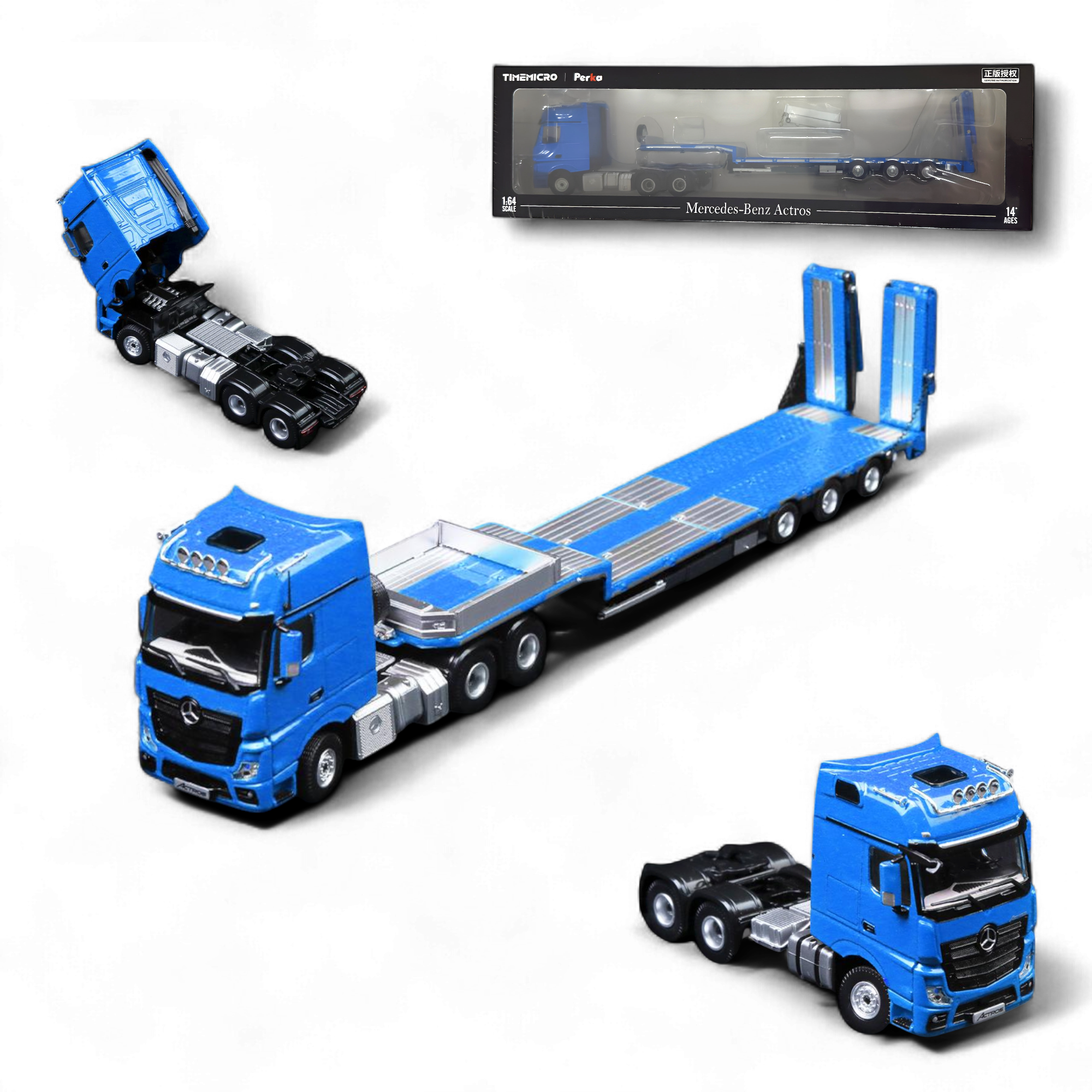 BENZ FLATBED TRANSPORT VEHICLE - Blue 1:64 by TimeMicro & Perka