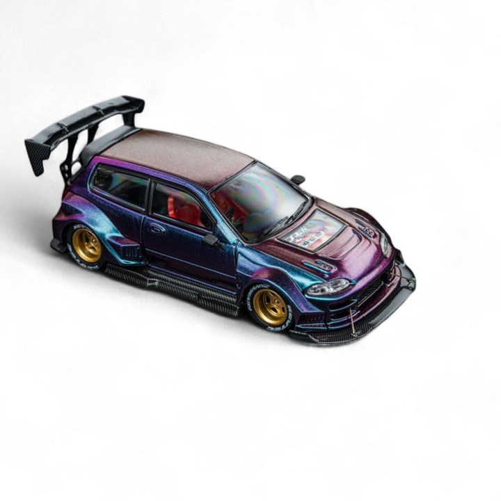 Kevmannz 1996 EG6 Hatchback Gold Wheels - Chameleon - Long Spoiler 1:64 by DCM 2