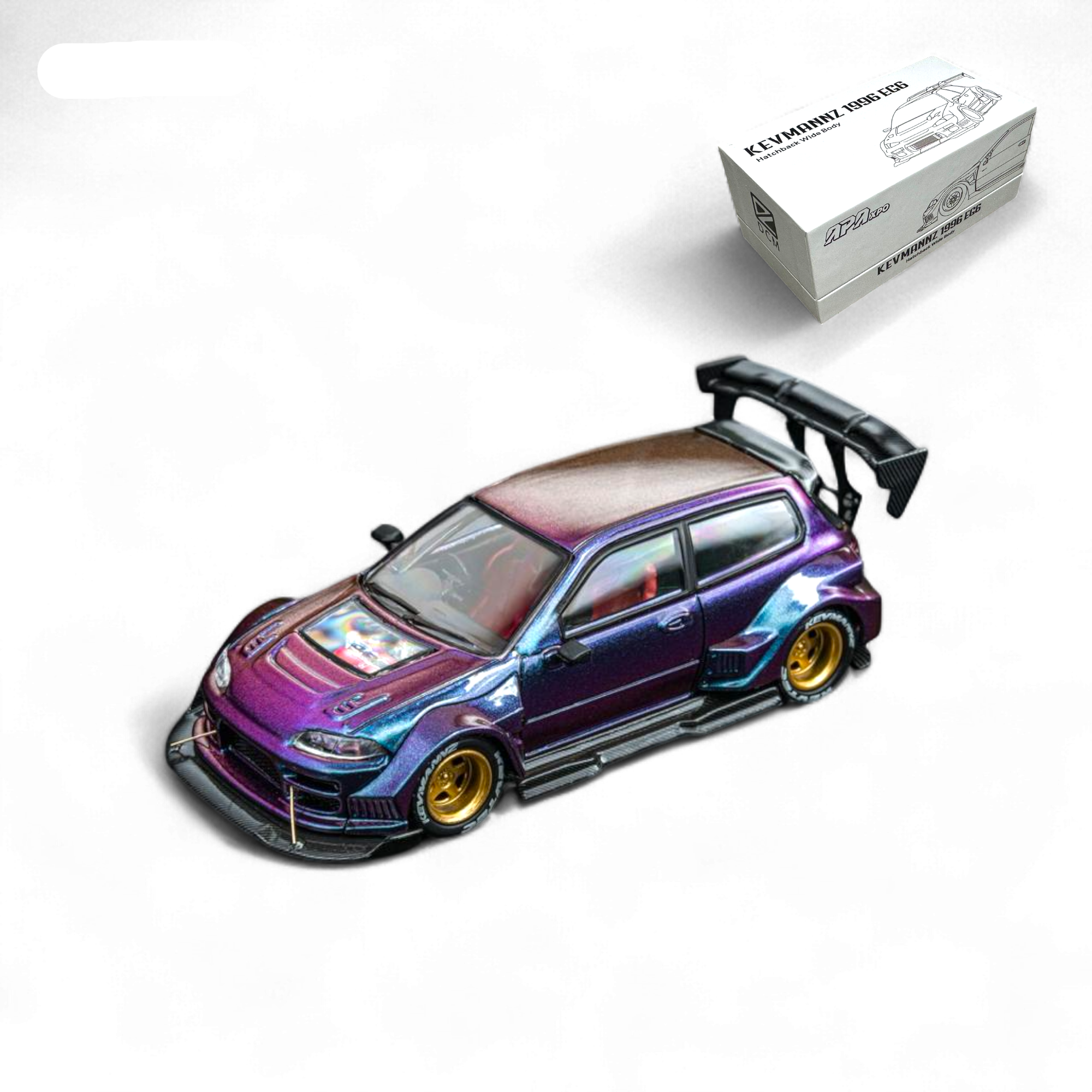 Kevmannz 1996 EG6 Hatchback Gold Wheels - Chameleon - Long Spoiler 1:64 by DCM 