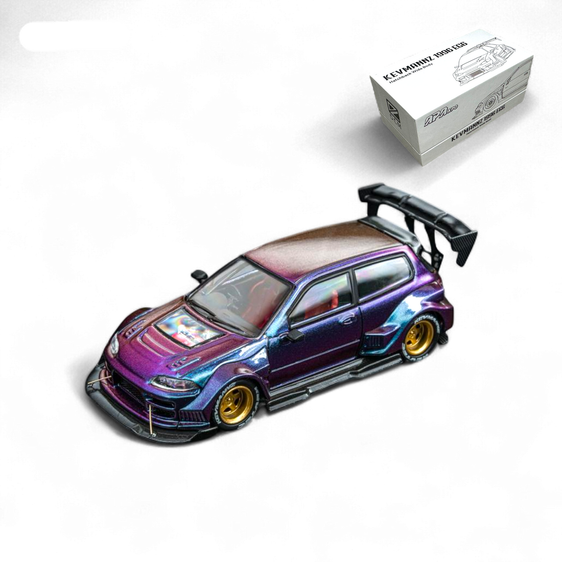 Kevmannz 1996 EG6 Hatchback Gold Wheels - Chameleon - Long Spoiler 1:64 by DCM 