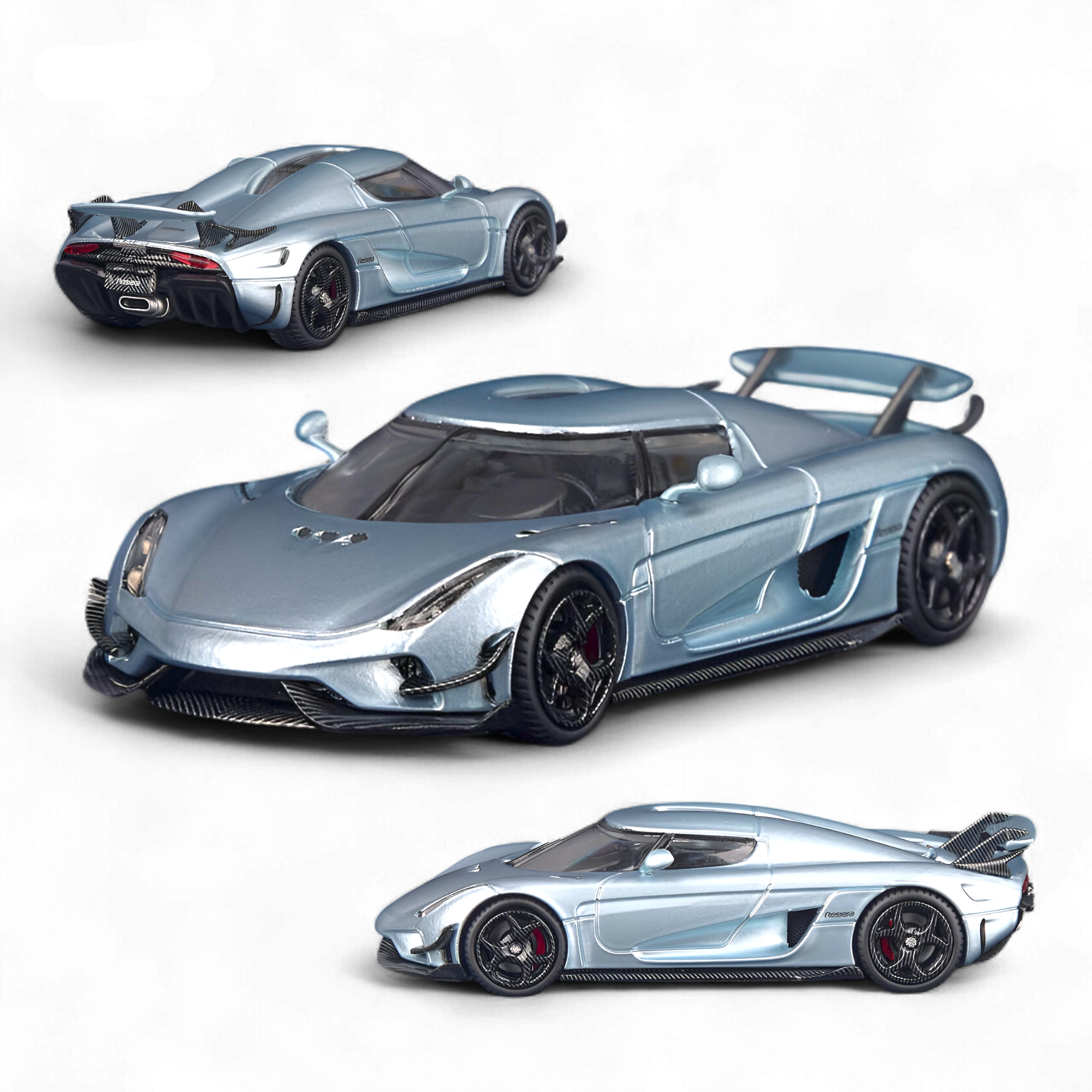 SC ART Koenigsegg Regera Glacier Blue 1:64 diecast model car featuring detailed carbon fiber accents, etched metal parts, and premium collector-quality craftsmanship.