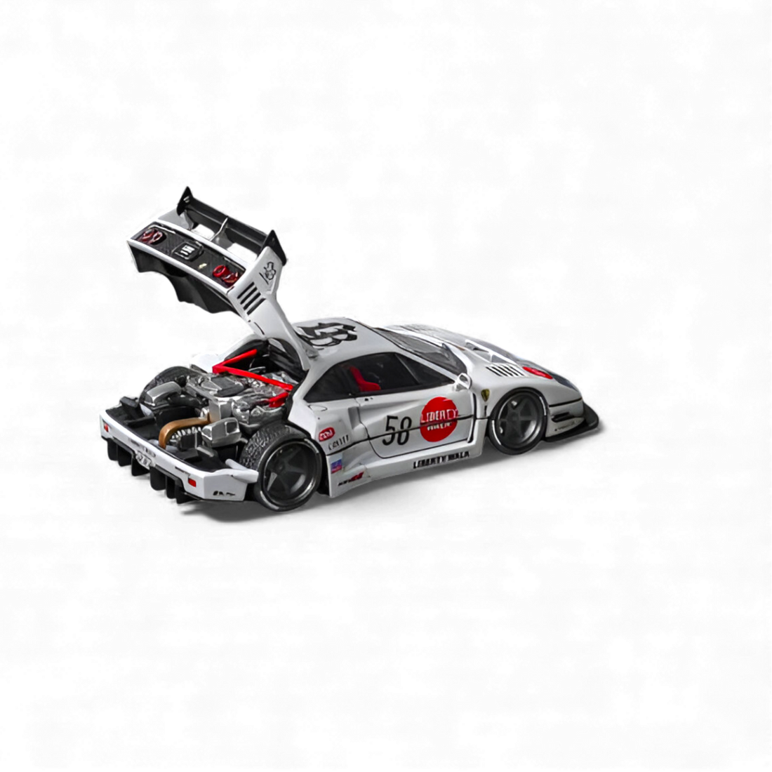 Rear view with opening engine cover on Ferrari F40 LB-Works model