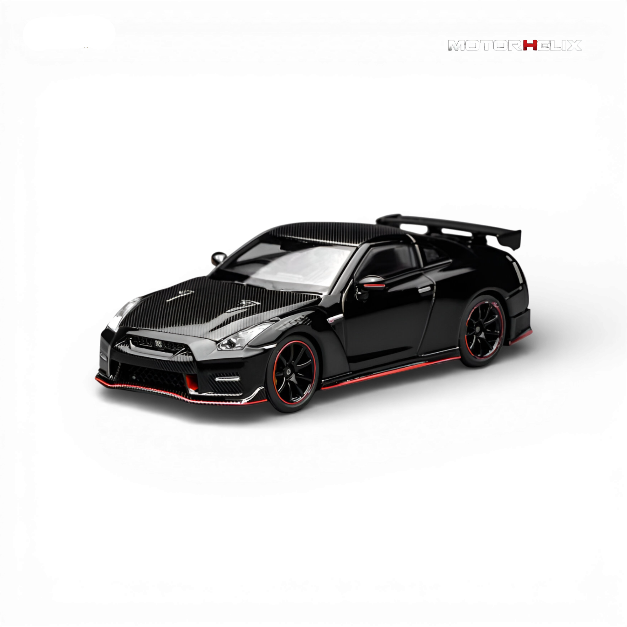Front three-quarter view of the MotorHelix Nissan GT-R NISMO (R35) Special Edition 2022 in Meteor Black Flake Pearl showcasing the aggressive NISMO front fascia and aerodynamic styling.