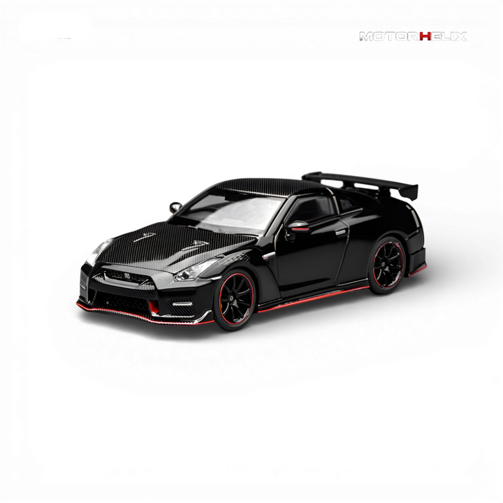 Front three-quarter view of the MotorHelix Nissan GT-R NISMO (R35) Special Edition 2022 in Meteor Black Flake Pearl showcasing the aggressive NISMO front fascia and aerodynamic styling.