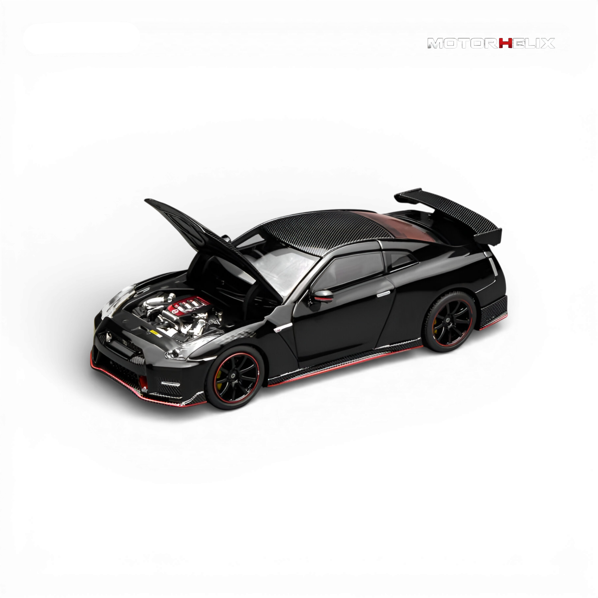 Opening hood of the MotorHelix Nissan GT-R NISMO (R35) Special Edition 2022 revealing the highly detailed VR38DETT twin-turbocharged V6 engine compartment.