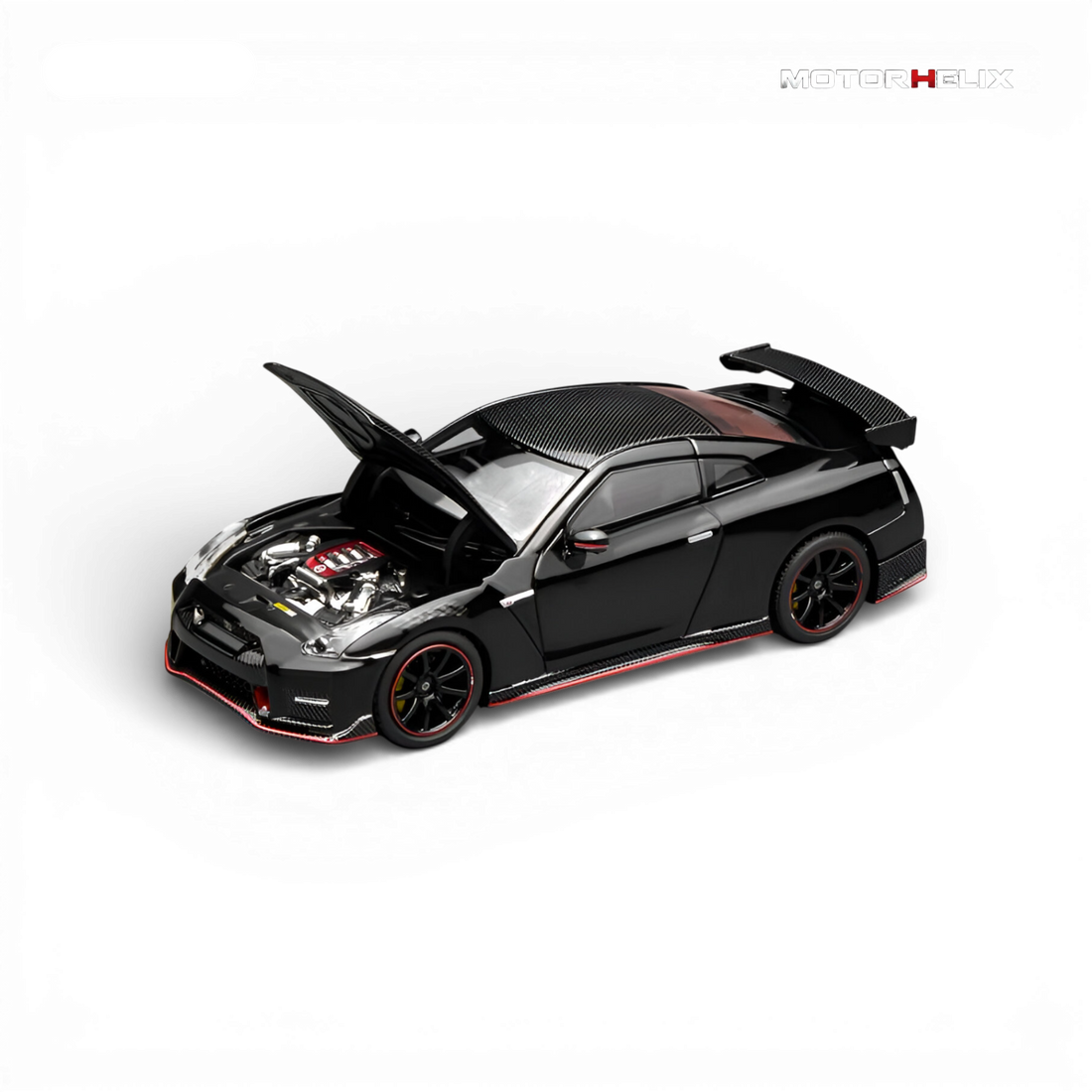 Opening hood of the MotorHelix Nissan GT-R NISMO (R35) Special Edition 2022 revealing the highly detailed VR38DETT twin-turbocharged V6 engine compartment.